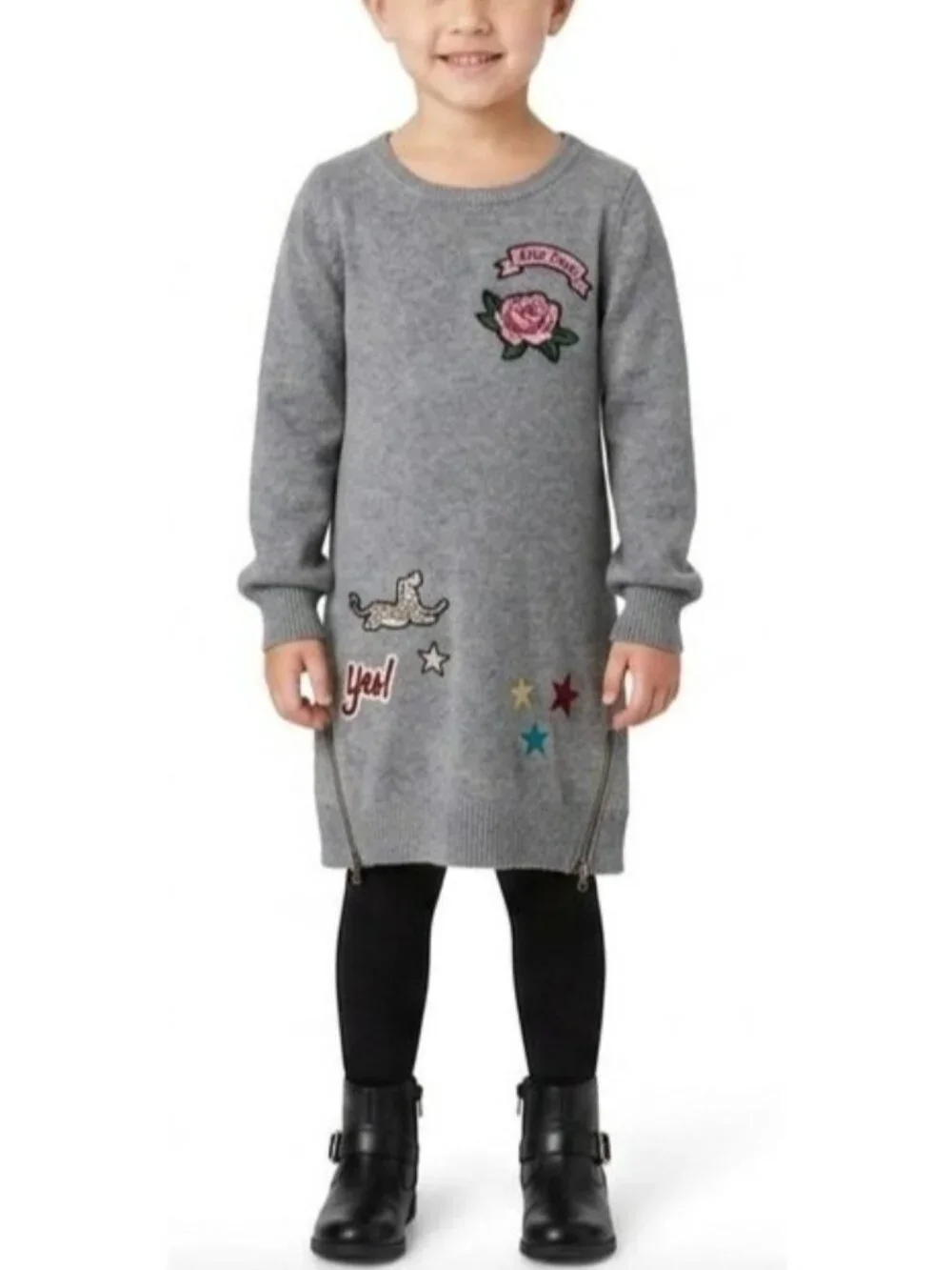 The Children's Place Girls Size 5/6 S Gray Sweater Dress Decorative Patches Side